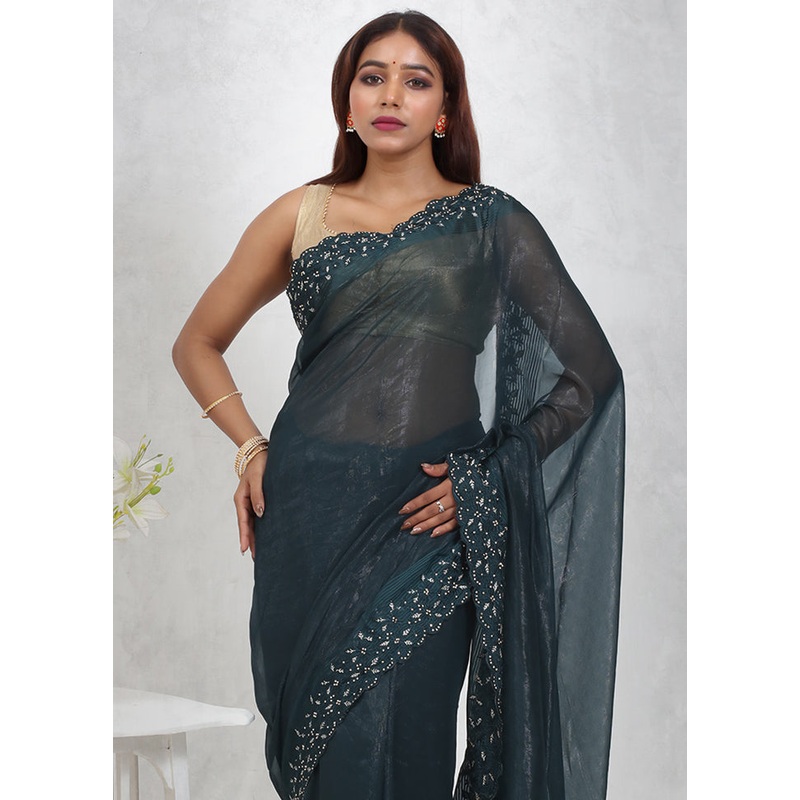 Green Chiffon Silk Saree With Blouse Piece - JD986614698