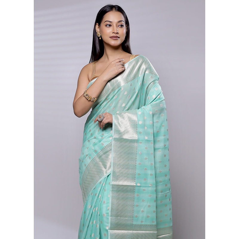 Green Cotton Saree With Blouse Piece - JD986614609