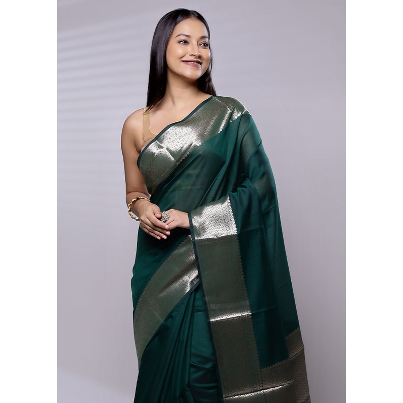 Green Cotton Saree With Blouse Piece - JD986614610