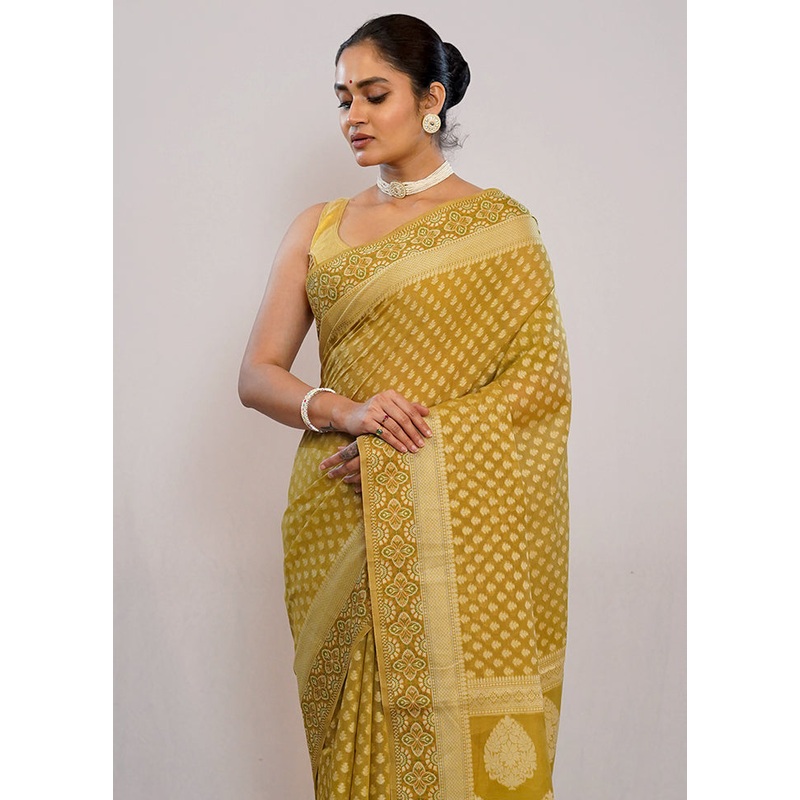 Green Cotton Saree With Blouse Piece - JD986614624