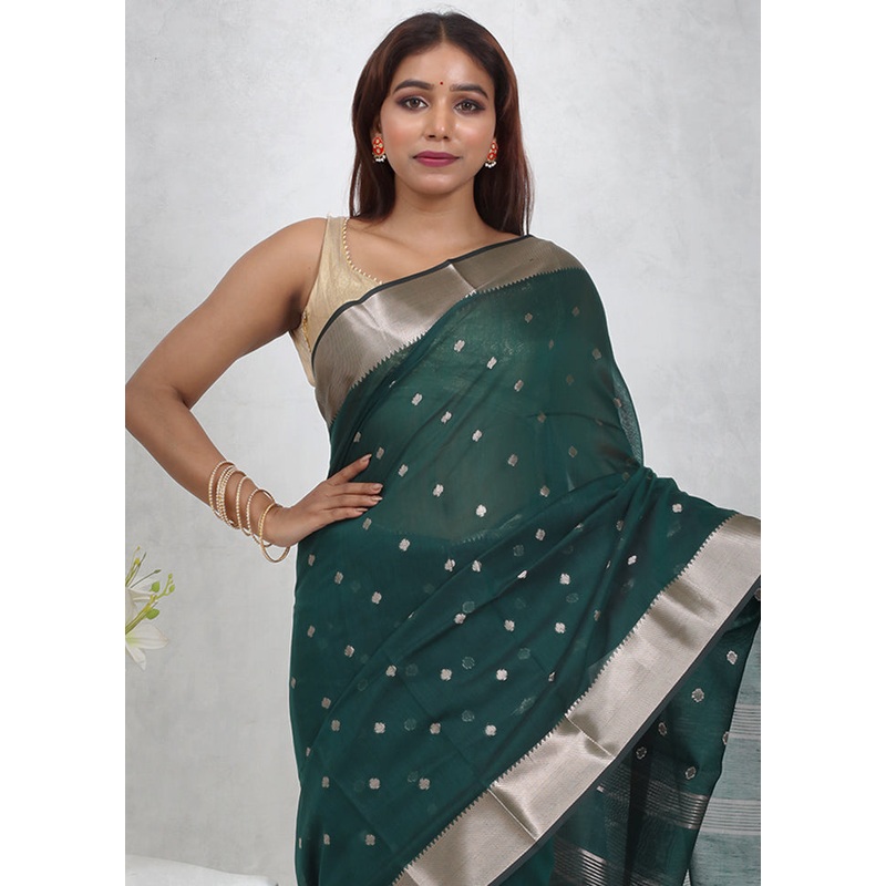 Green Cotton Saree With Blouse Piece - JD986614700