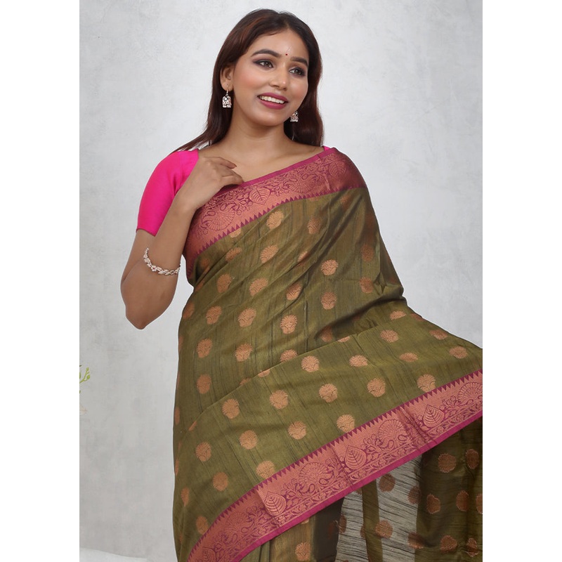 Green Cotton Saree With Blouse Piece - JD986614701