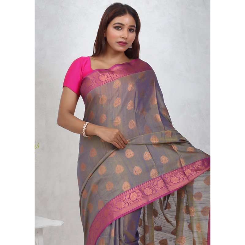 Green Cotton Saree With Blouse Piece - JD986614702
