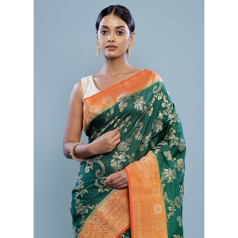 Green Dupion Silk Saree With Blouse Piece - JD986614625