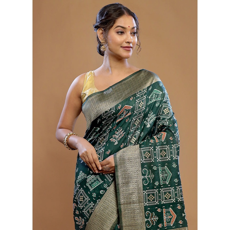 Green Dupion Silk Saree With Blouse Piece - JD986614627