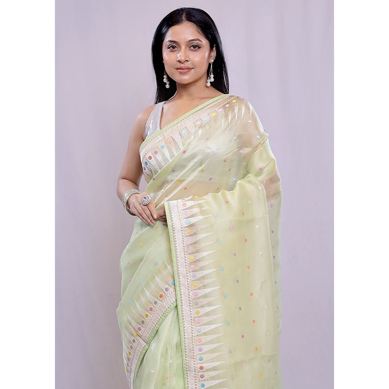 Green Pure Organza Saree With Blouse Piece - JD986614629