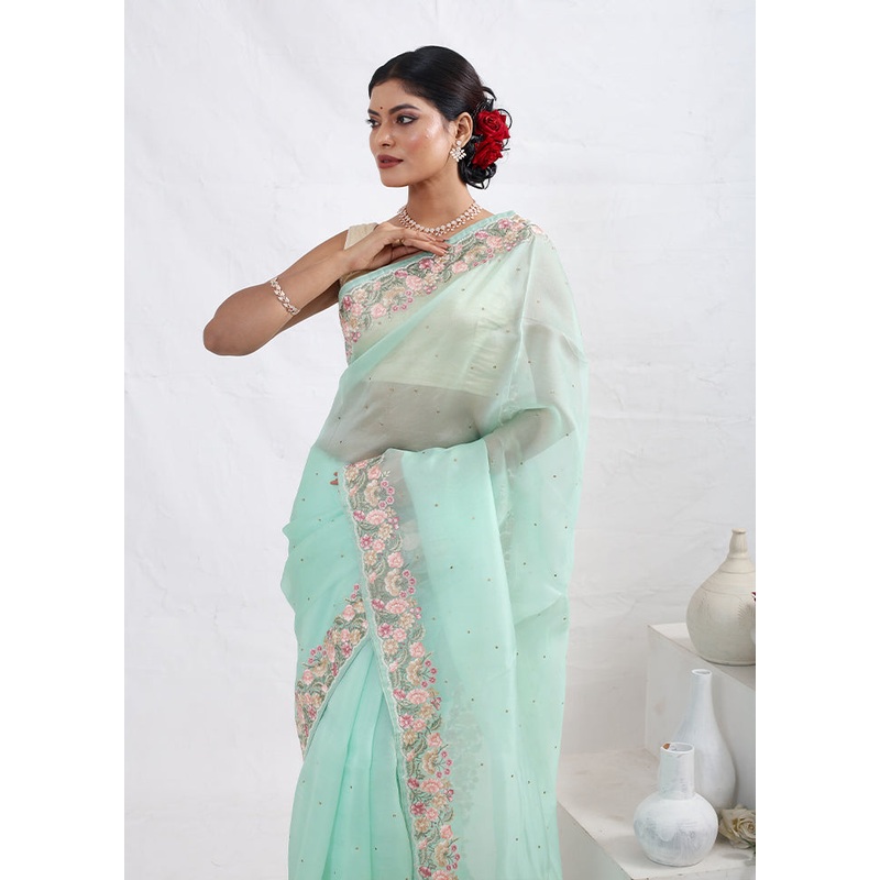 Green Pure Organza Saree With Blouse Piece - JD986614630