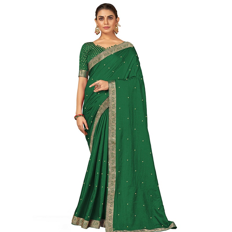 Green Spun Silk Embellished Saree With Blouse Piece - JD986614542