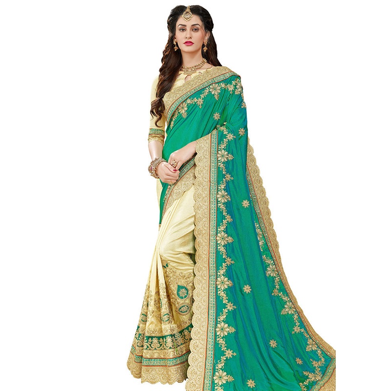 Green Spun Silk Embroidered Saree With Blouse Piece - JD986614519
