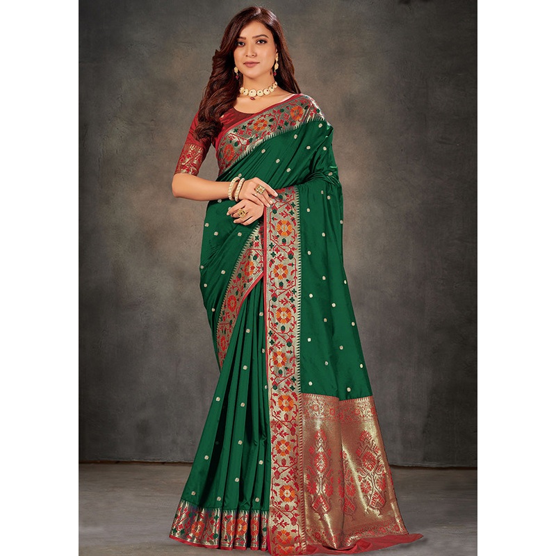 Green Spun Silk Woven Saree With Blouse Piece - JD986614528