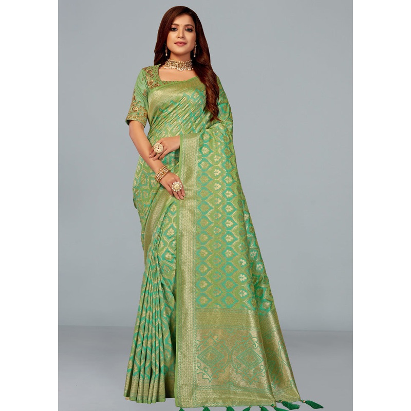 Green Spun Silk Woven Saree With Blouse Piece - JD986614552