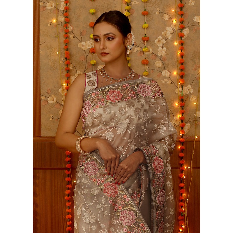 Grey Pure Organza Saree With Blouse Piece - JD986614633