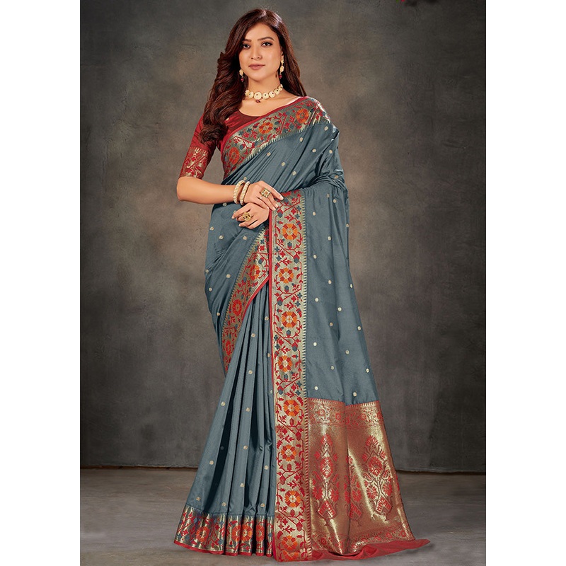 Grey Spun Silk Woven Saree With Blouse Piece - JD986614522