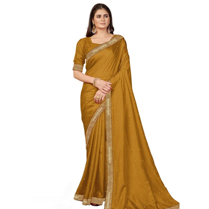 Mustard Spun Silk Embellished Saree With Blouse Piece - JD986614547