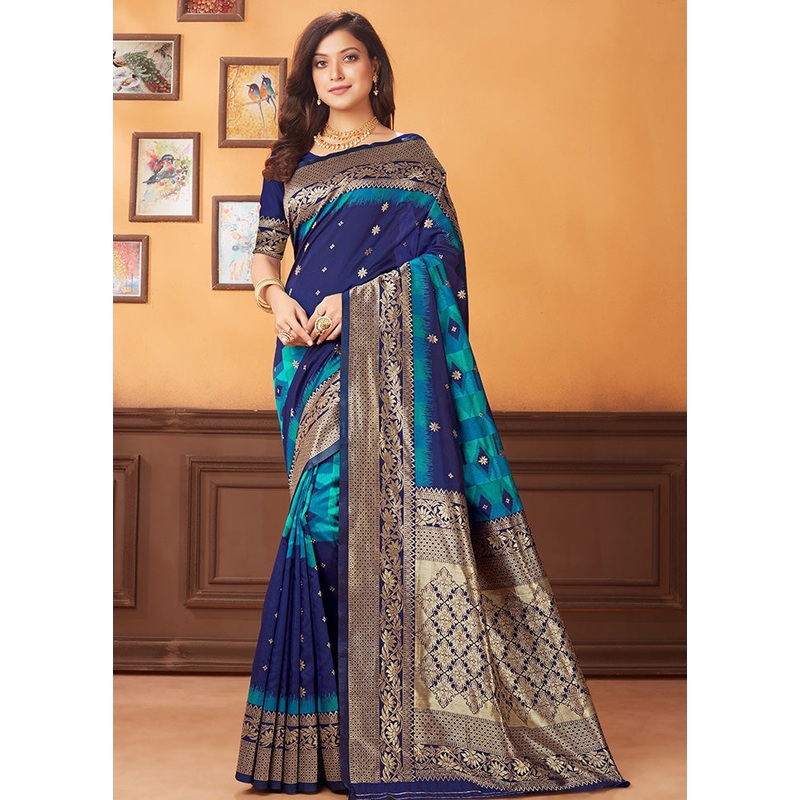 Navy Blue Spun Silk Woven Saree With Blouse Piece - JD986614518