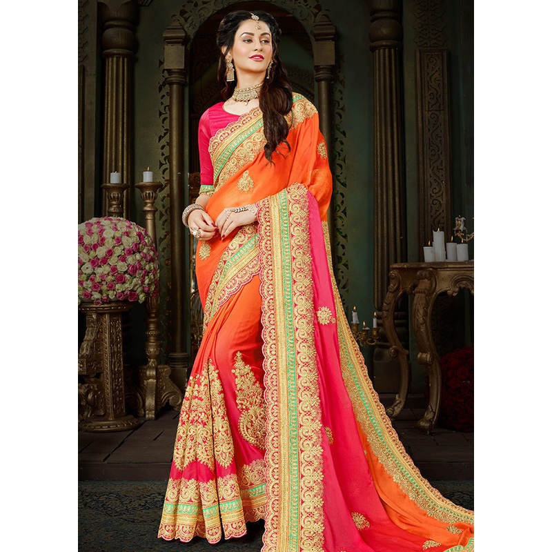 Orange Chiffon Silk Saree With Blouse Piece - JD986614527