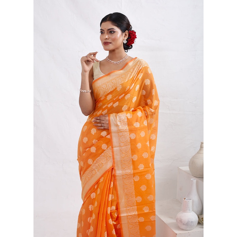 Orange Cotton Saree With Blouse Piece - JD986614636