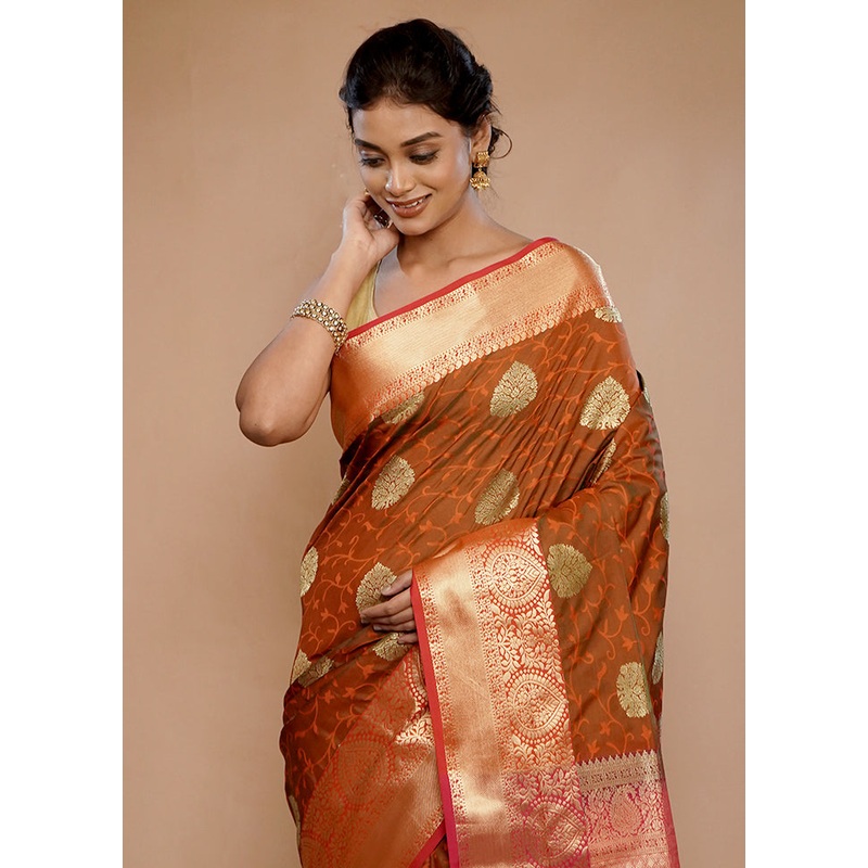 Orange Kanjivaram Silk Saree With Blouse Piece - JD986614637