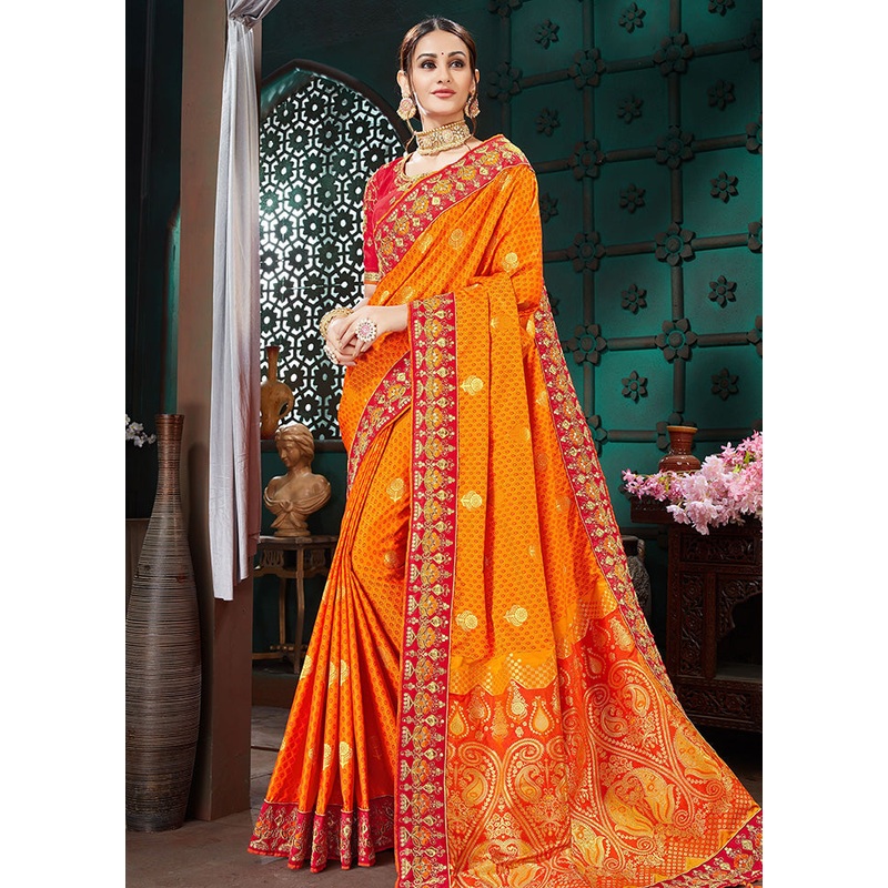 Orangish Yellow Spun Silk Woven Saree With Blouse Piece - JD986614515