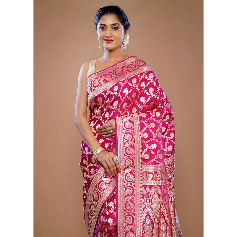 Pink Banarasi Pure Silk Saree With Blouse Piece - JD986614638