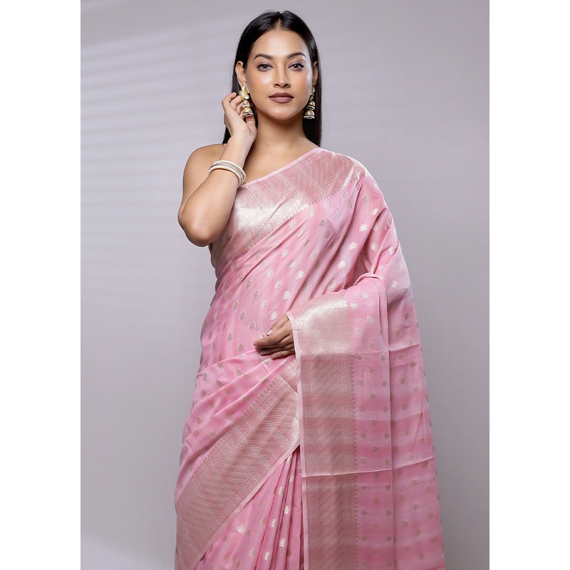 Pink Cotton Saree With Blouse Piece - JD986614611