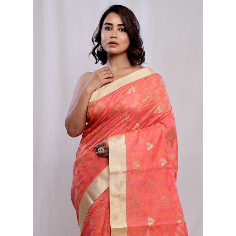 Pink Cotton Saree With Blouse Piece - JD986614644