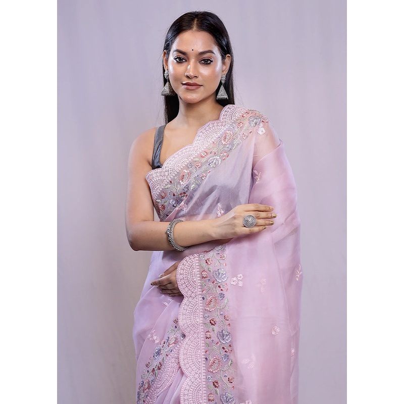 Pink Pure Organza Saree With Blouse Piece - JD986614662