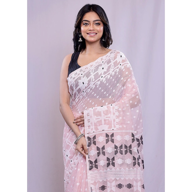 Pink Tant Jamdani Saree Without Blouse Piece - JD986614671