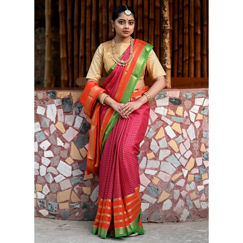 Rani Pink Crepe Zari Saree With Blouse Piece - JD986614673