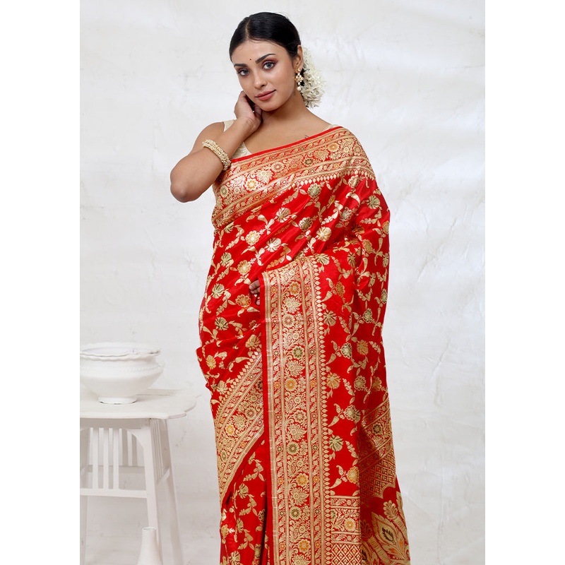Red Banarasi Pure Silk Saree With Blouse Piece - JD986614650