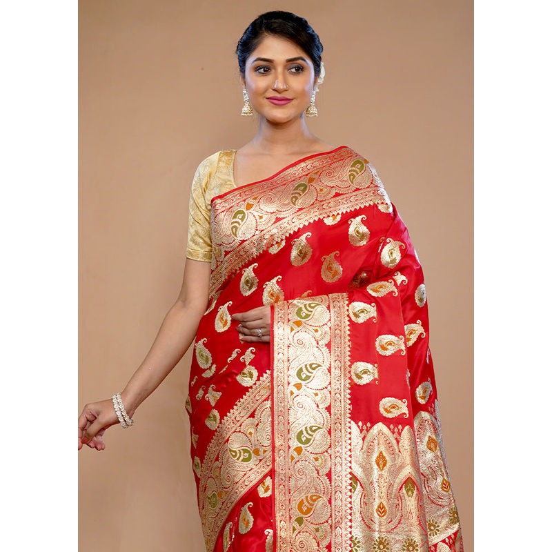 Red Banarasi Pure Silk Saree With Blouse Piece - JD986614651