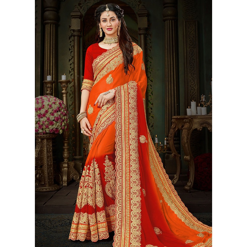 Red Chiffon Silk Embroidered Saree With Blouse Piece - JD986614524