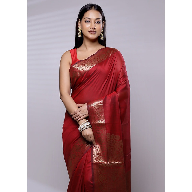 Red Cotton Saree With Blouse Piece - JD986614612