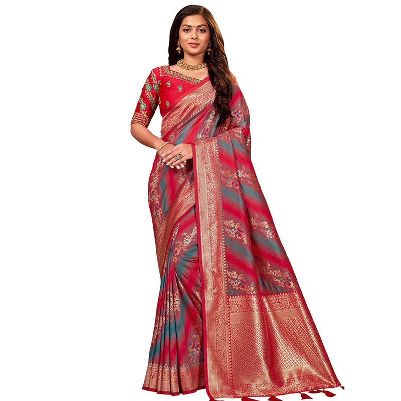 Red Spun Silk Woven Saree With Blouse Piece - JD986614532