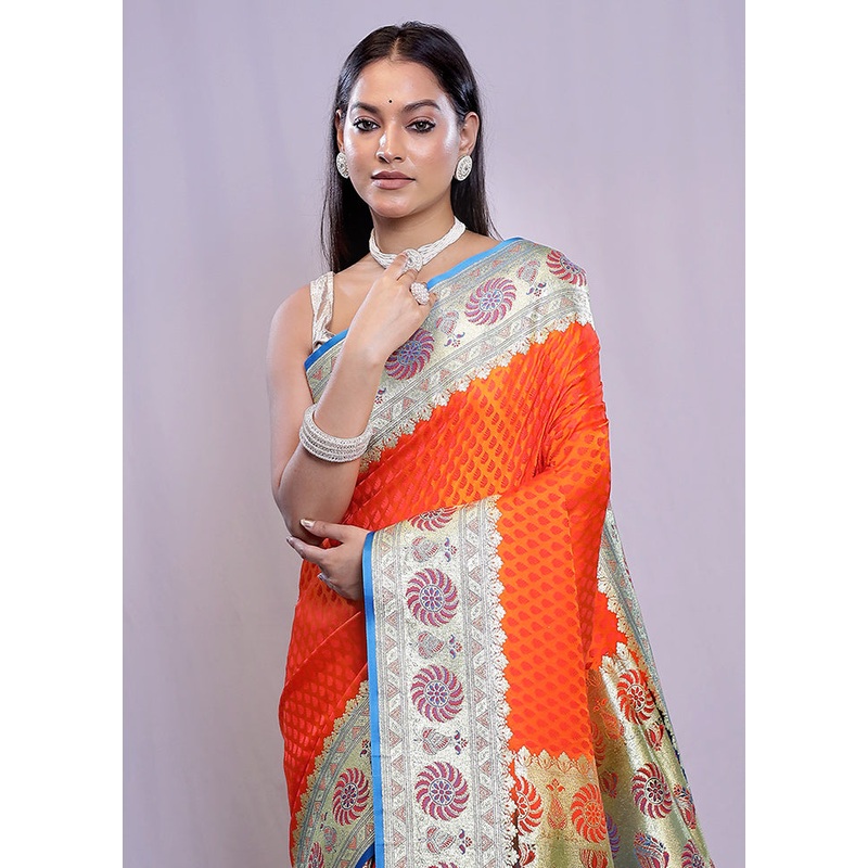 Rust Banarasi Silk Saree With Blouse Piece - JD986614663