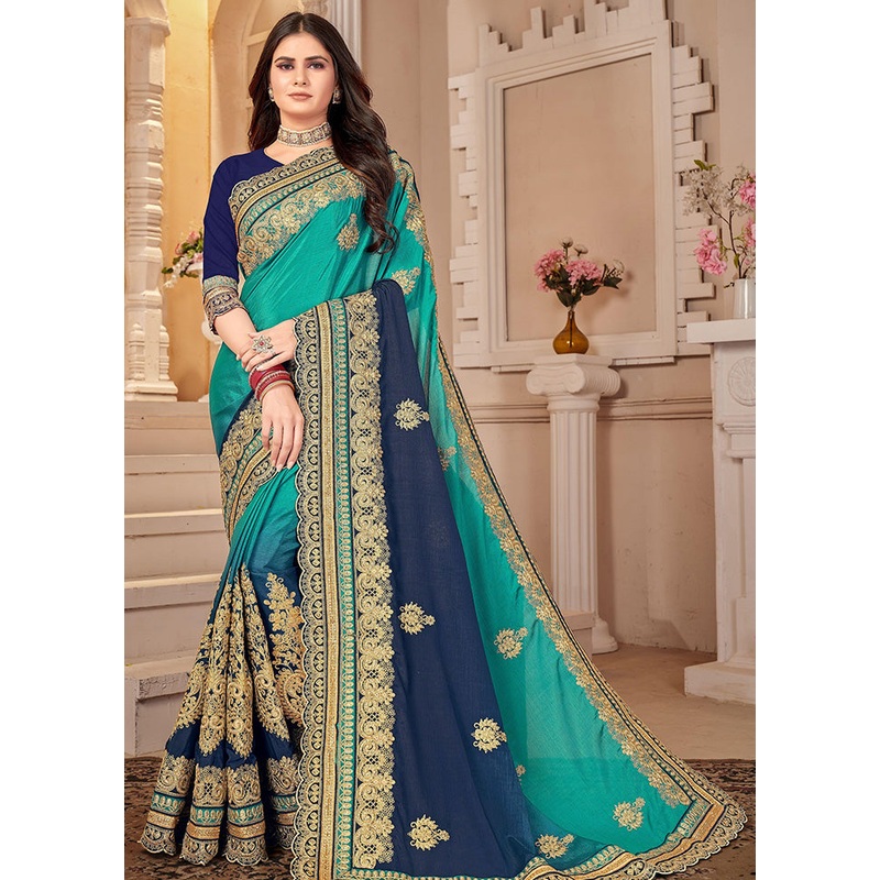 Sky Blue Chiffon Silk Embroidered Saree With Blouse Piece - JD986614525
