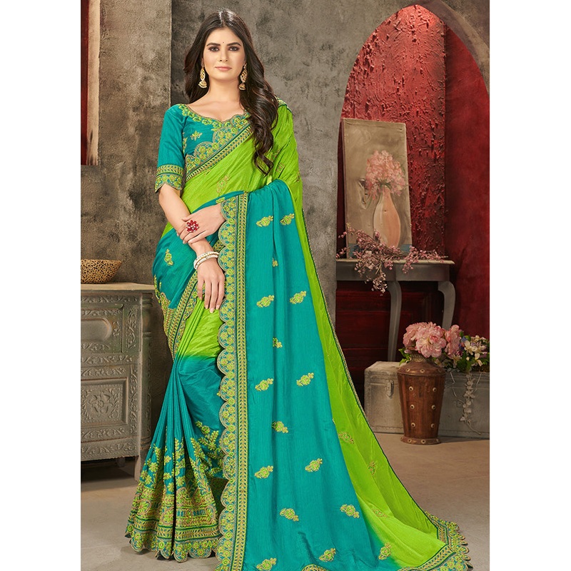Turquoise Chiffon Silk Saree With Blouse Piece - JD986614550