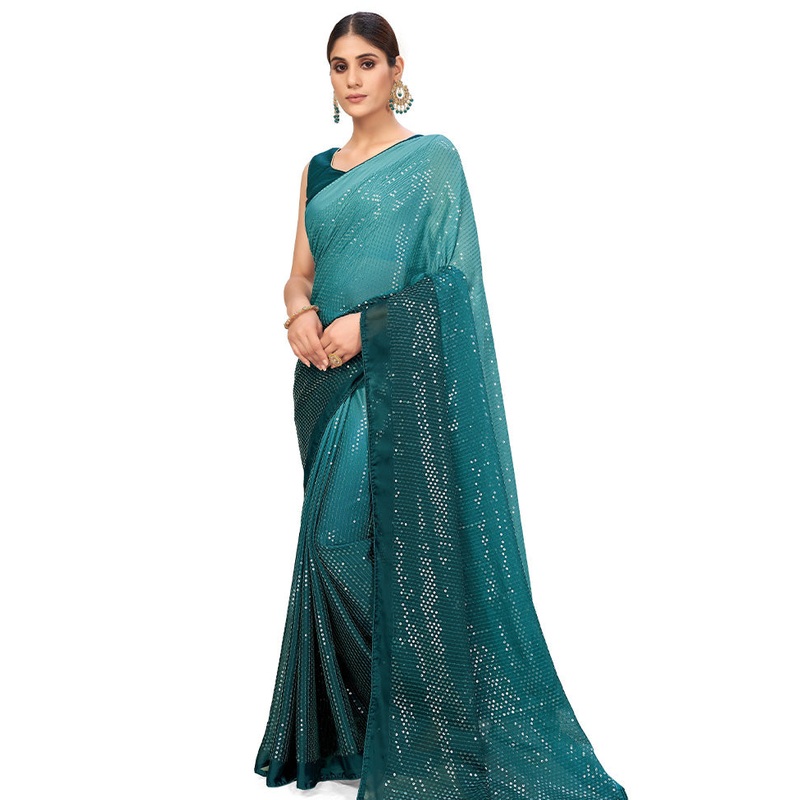 Turquoise Chiffon Silk Woven Saree With Blouse Piece - JD986614544