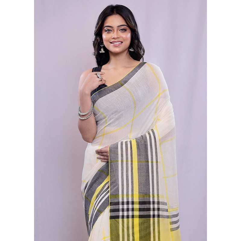 White Cotton Saree With Blouse Piece - JD986614672