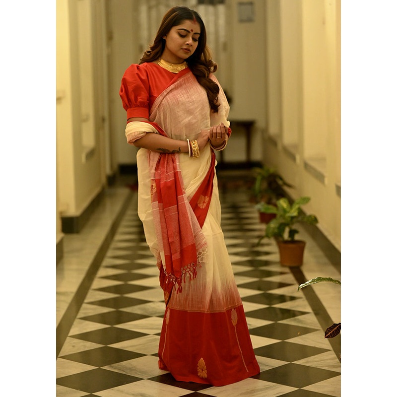 White Cotton Saree With Blouse Piece - JD986614674