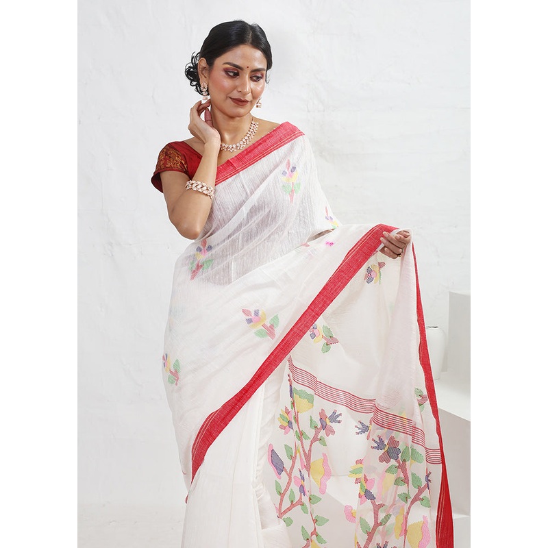 White Matka Pure Silk Saree With Blouse Piece - JD986614655