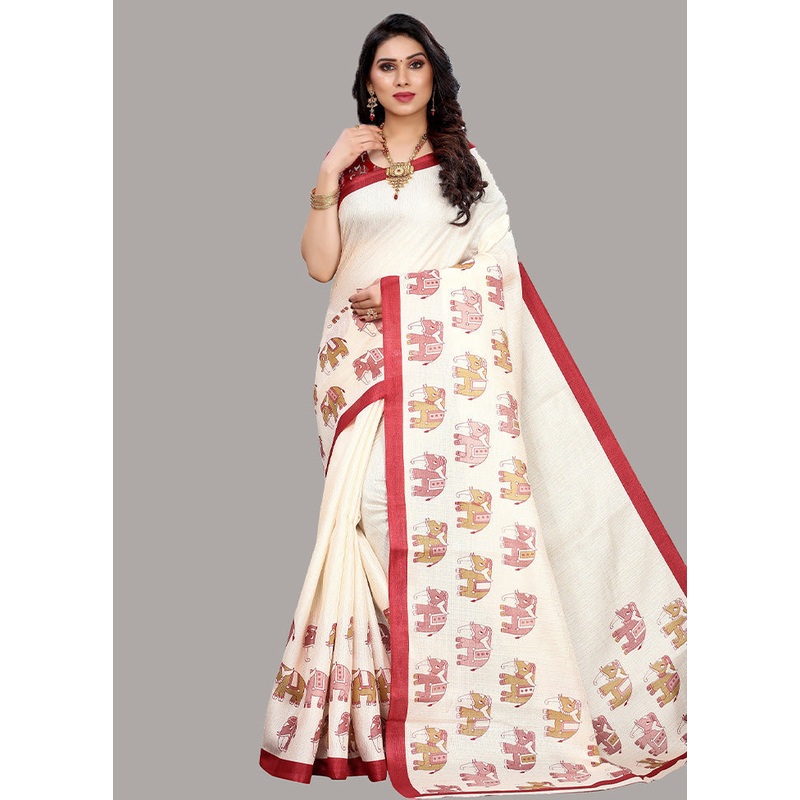 White Spun Silk Woven Saree With Blouse Piece - JD986614507