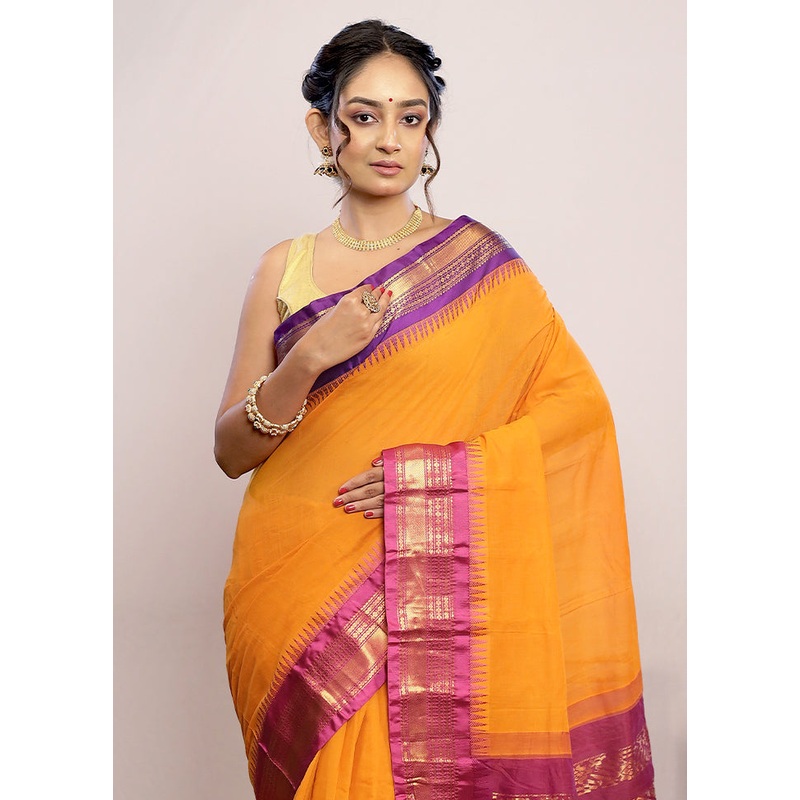 Yellow Silk Cotton Gadwal Saree With Blouse Piece - JD986614657