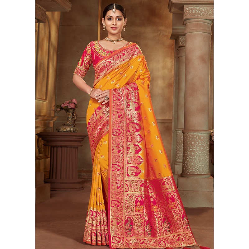 Yellow Spun Silk Woven Saree With Blouse Piece - JD986614554