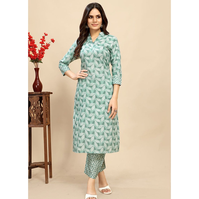 2 Pc Green Readymade Cotton Kurti Set - JD986614394