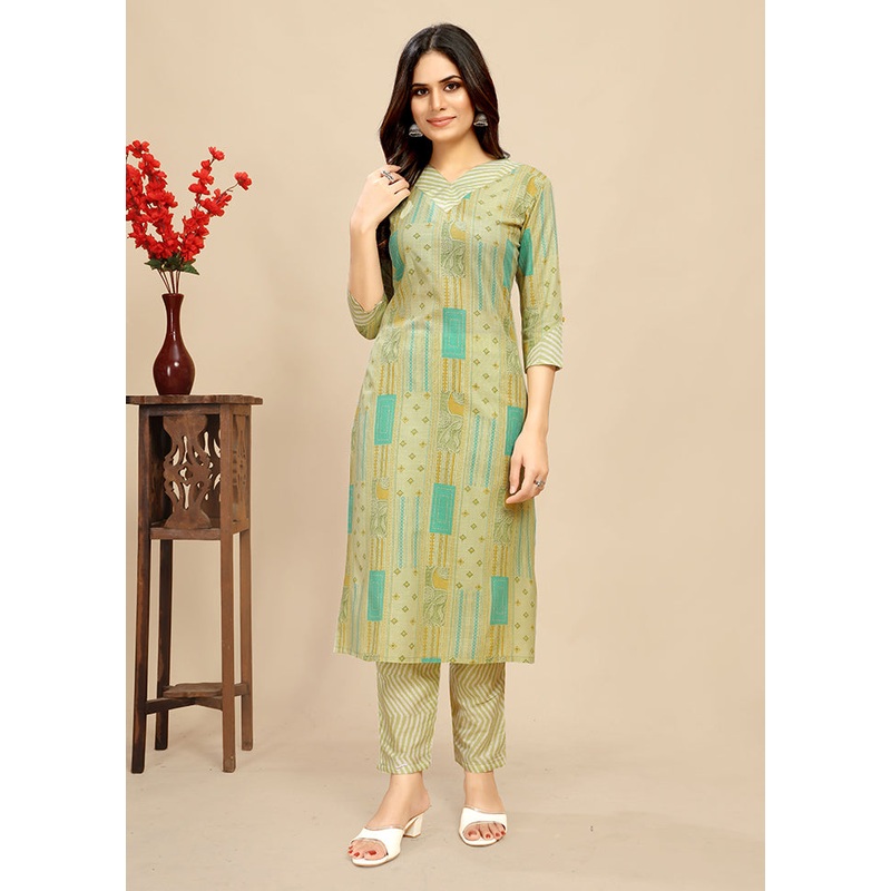 2 Pc Green Readymade Cotton Kurti Set - JD986614395