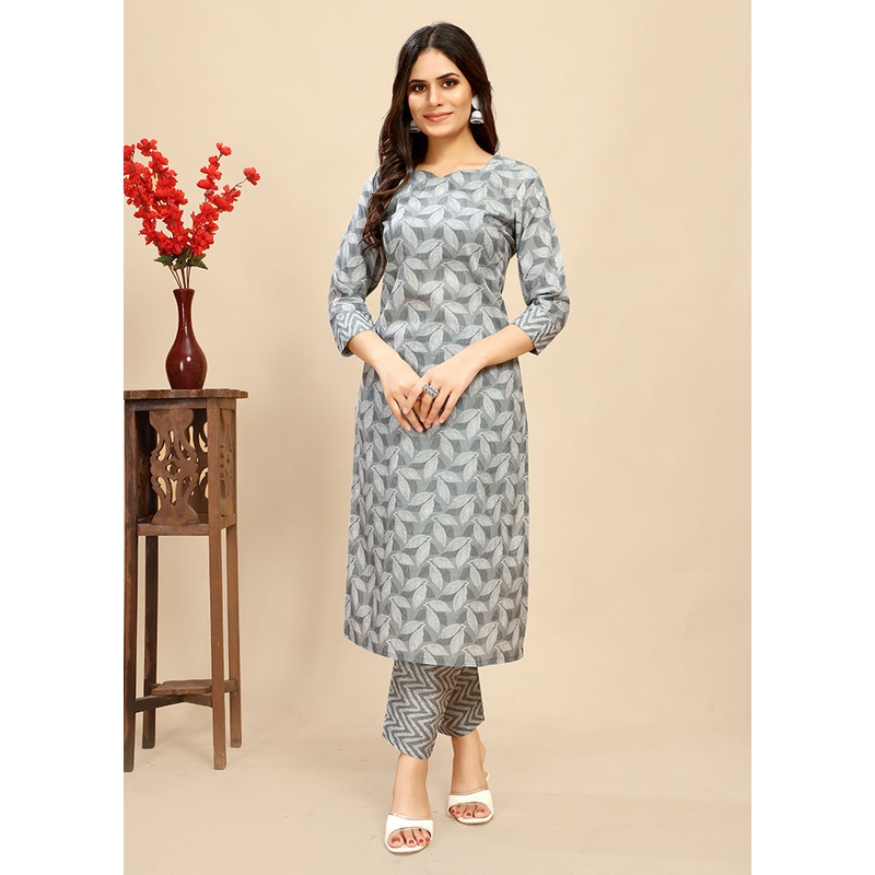 2 Pc Grey Readymade Cotton Kurti Set - JD986614392