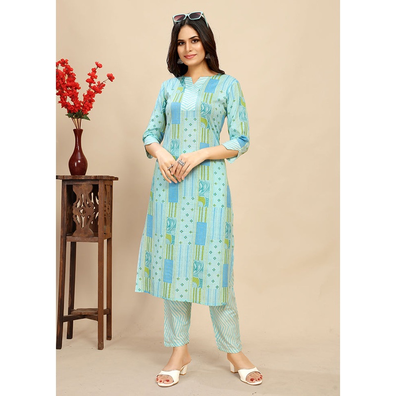 2 Pc Sky Blue Readymade Cotton Kurti Set - JD986614386