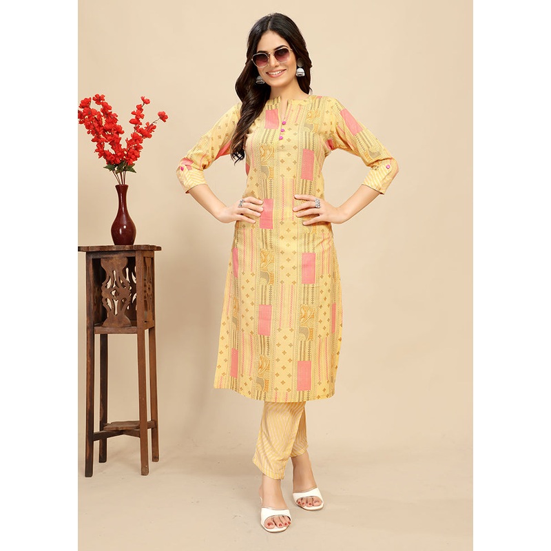 2 Pc Yellow Readymade Cotton Kurti Set - JD986614385