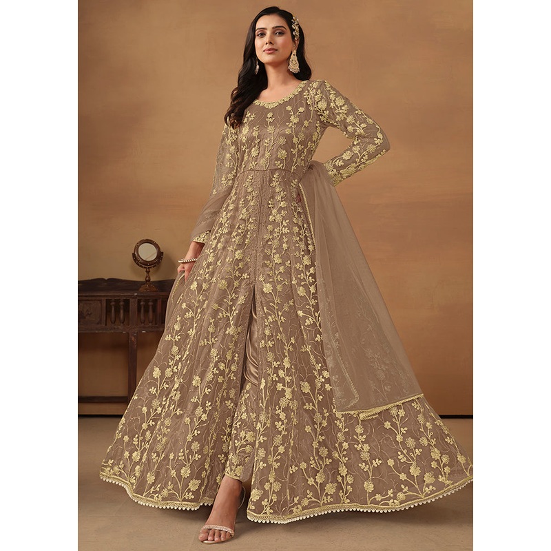 3 Pc Brown Semi Stitched Net Suit Set - JD986614384